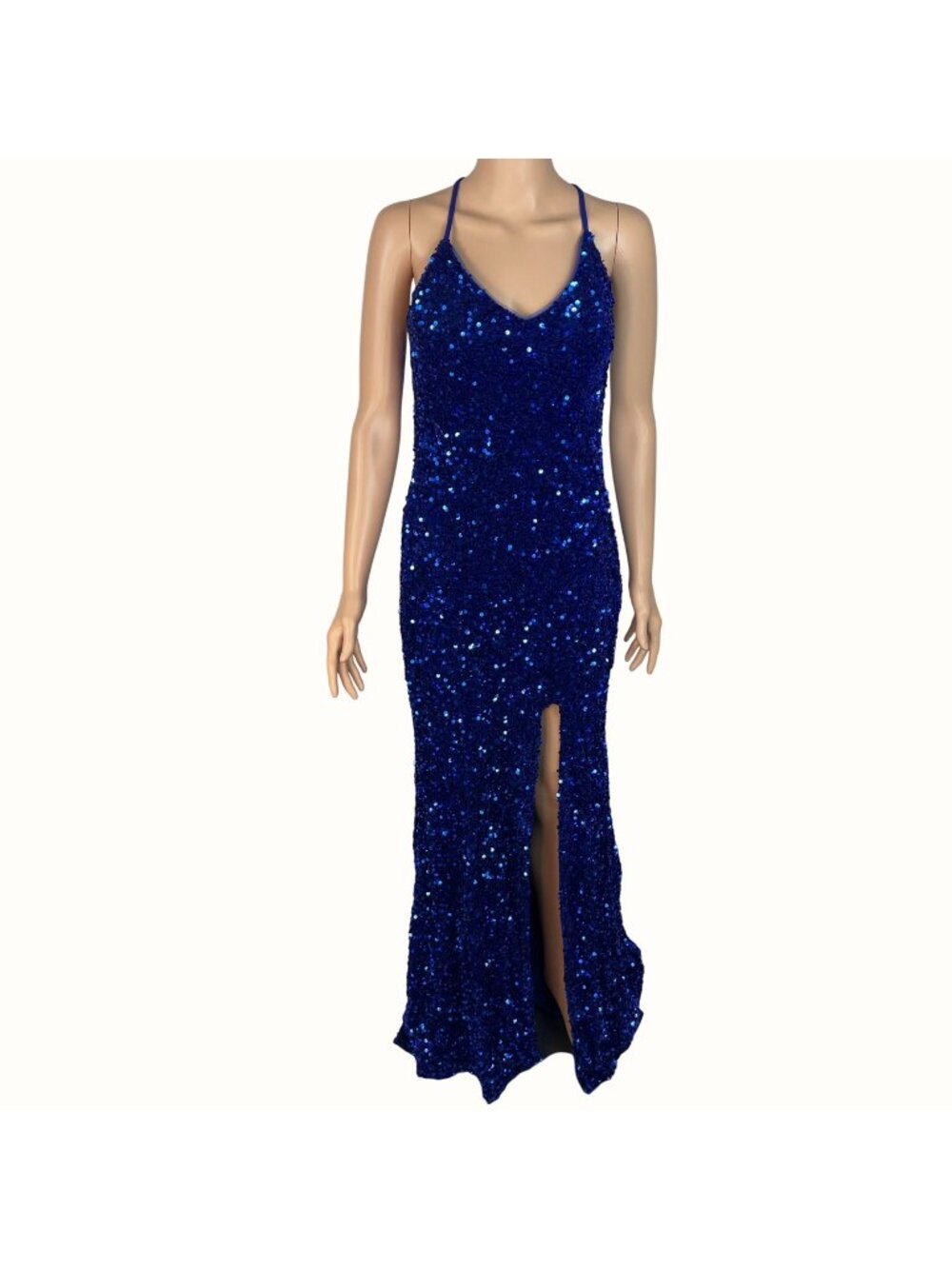 Royal Blue Sequin V-Neck Backless Formal Gown With Thigh High Slit and Train XS